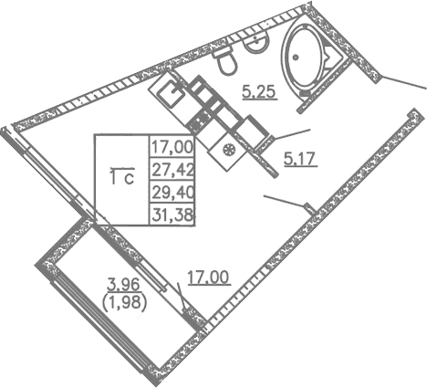Студия, 27.42 м²