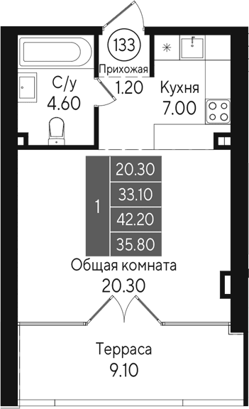 Студия, 33.1 м²
