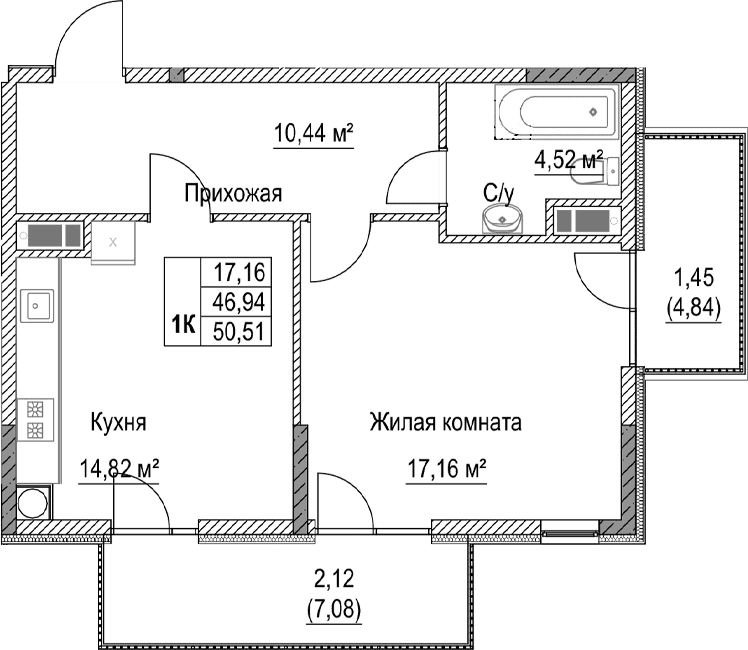 1-комн., 46.94 м²