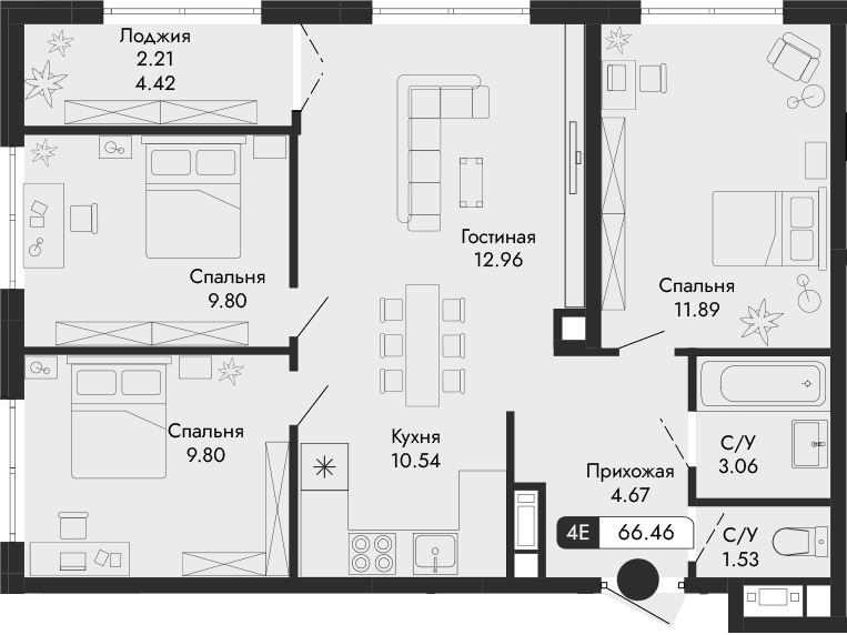 4-комн., 64.25 м²