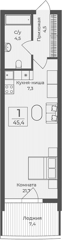 Студия, 38 м²