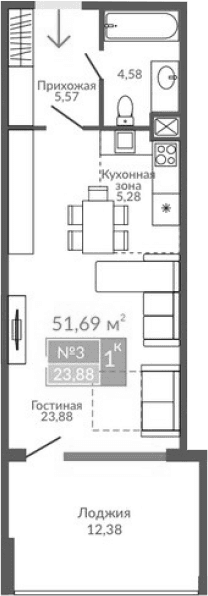 Студия, 39.31 м²