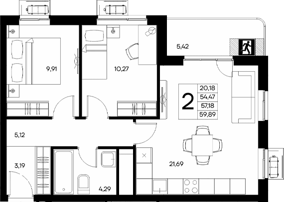 2-комн., 54.47 м²