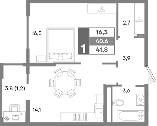 1-комн., 40.6 м²