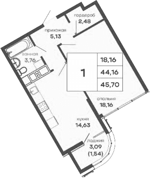 1-комн., 44.16 м²