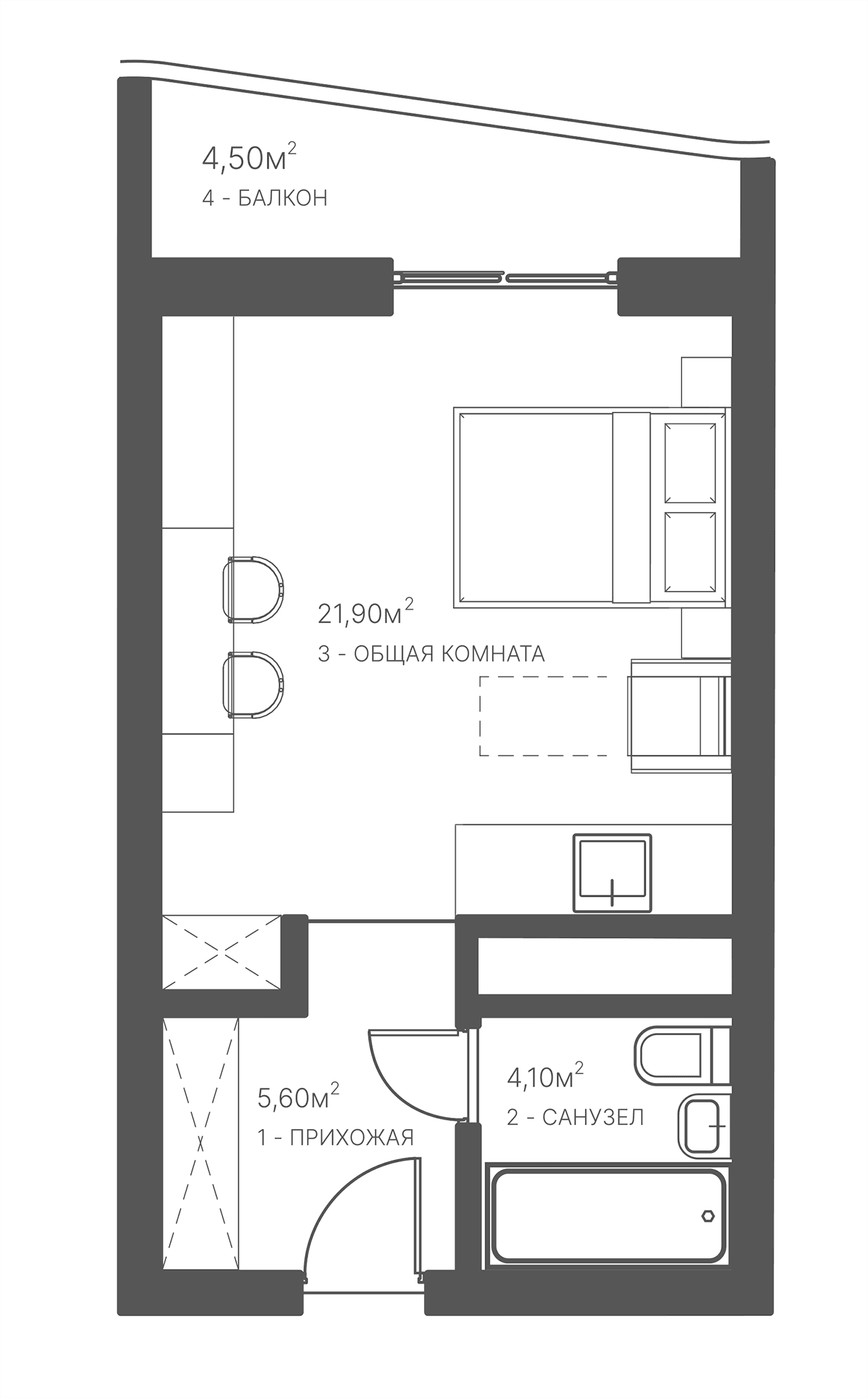 Студия, 31.6 м²