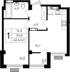 1-комн., 41.1 м²