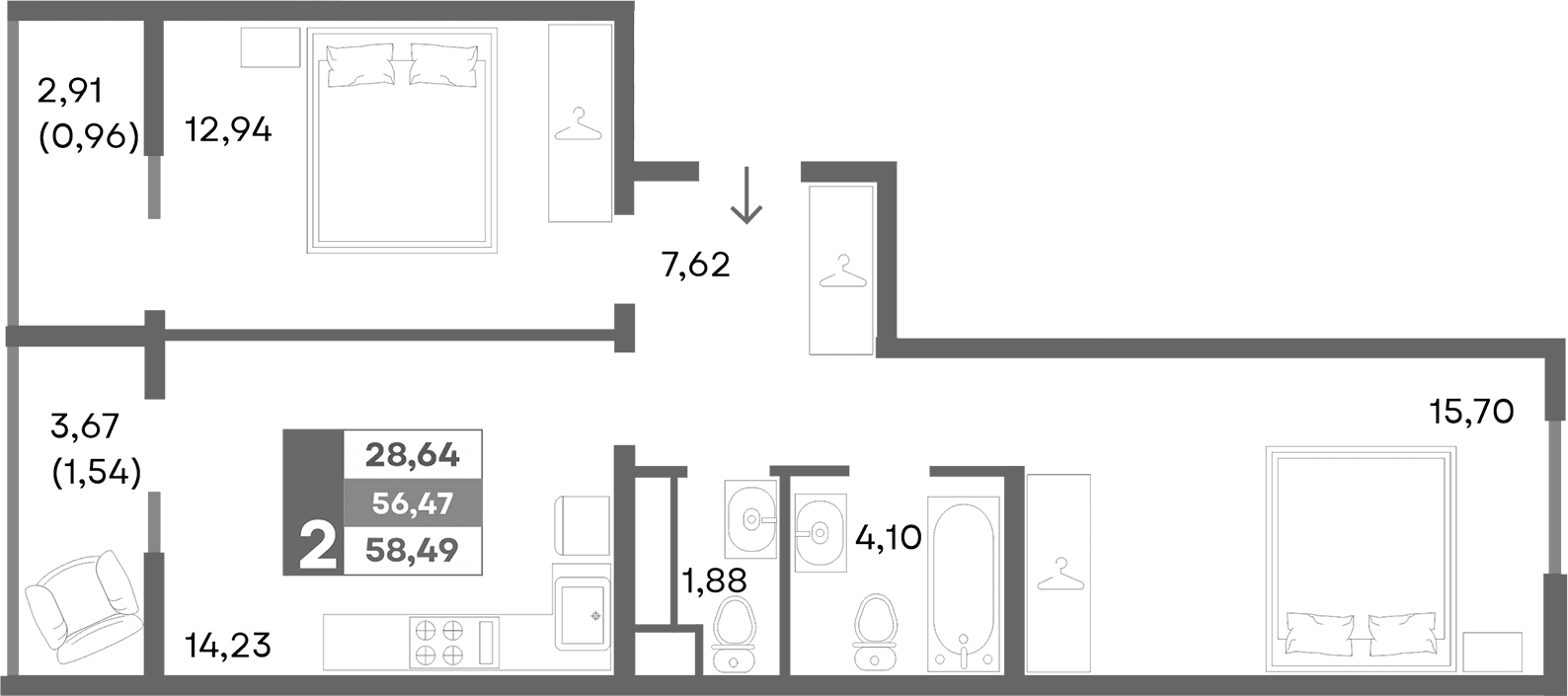 2-комн., 56.47 м²