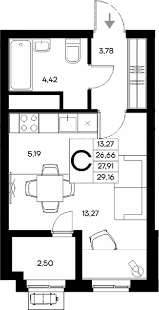 Студия, 26.66 м²