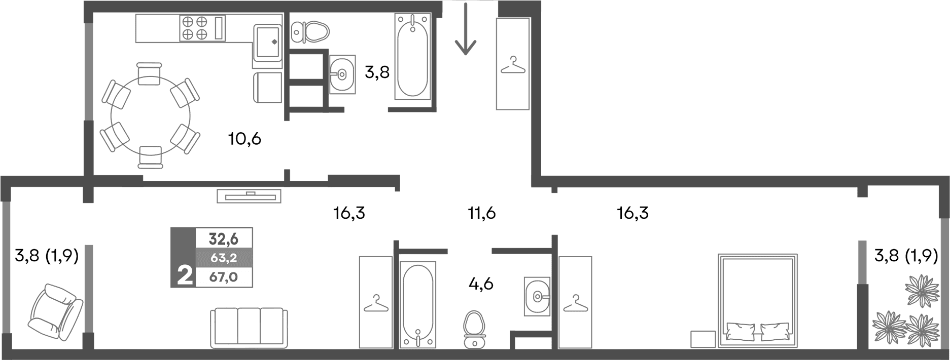 2-комн., 63.2 м²