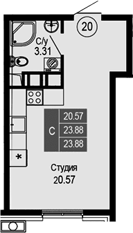 Студия, 23.88 м²