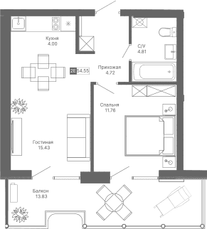 2-комн., 40.72 м²