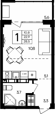 Студия, 22.9 м²