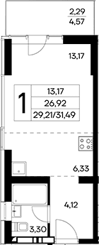 Студия, 29.2 м²