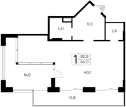Студия, 56 м²