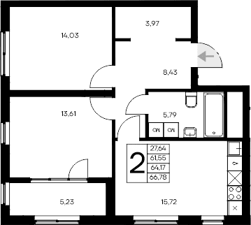 2-комн., 61.55 м²
