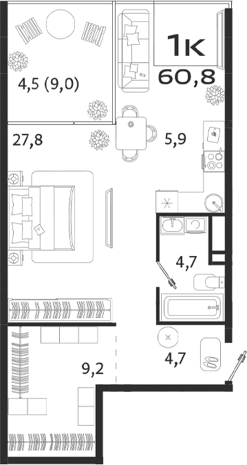 Студия, 51.8 м²