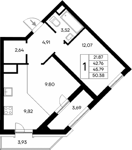 1-комн., 42.76 м²