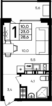 Студия, 23 м²