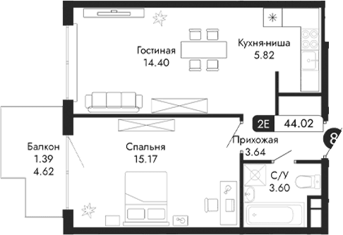 2-комн., 42.63 м²