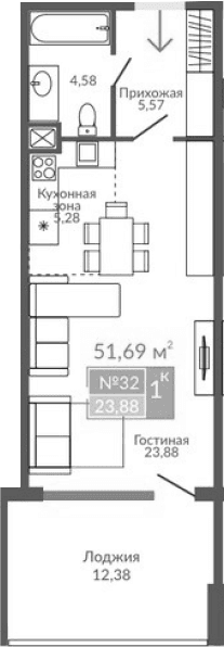 Студия, 39.31 м²