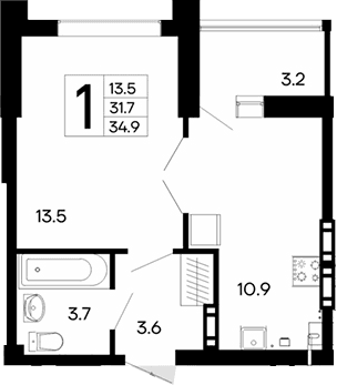1-комн., 31.7 м²