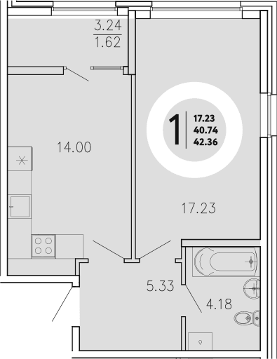 1-комн., 40.74 м²