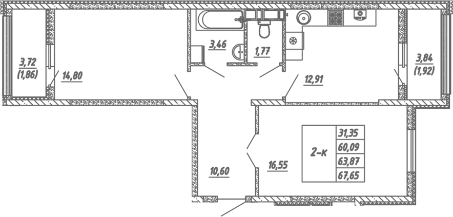 2-комн., 60.09 м²