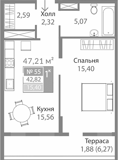 1-комн., 40.94 м²