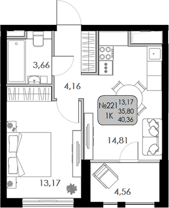 1-комн., 35.8 м²