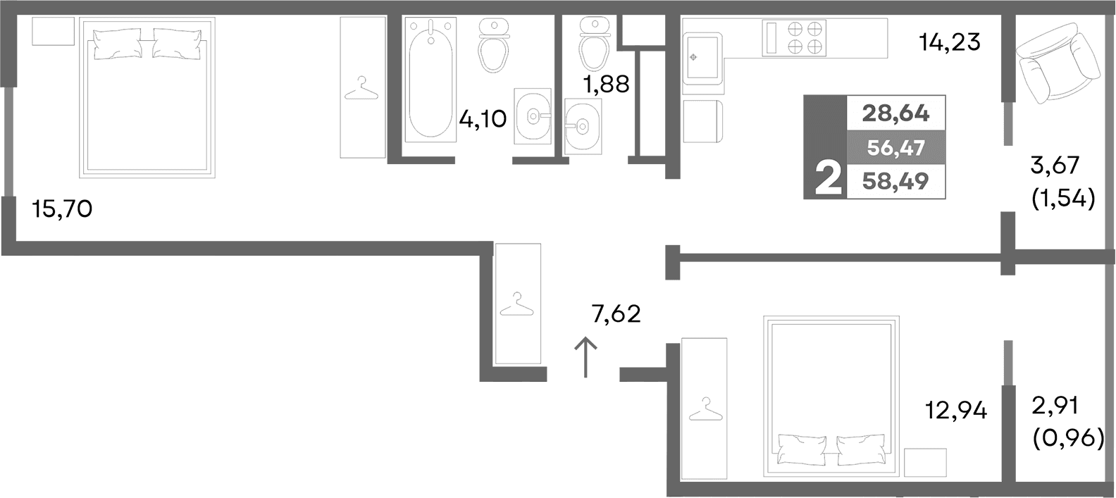 2-комн., 55.99 м²