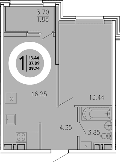 1-комн., 37.89 м²