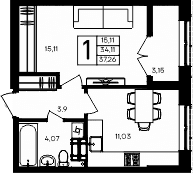 1-комн., 34.11 м²