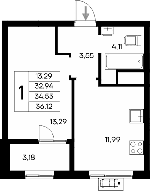 1-комн., 32.94 м²