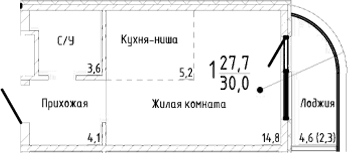 Студия, 27.7 м²