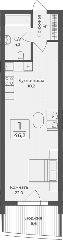 Студия, 39.6 м²