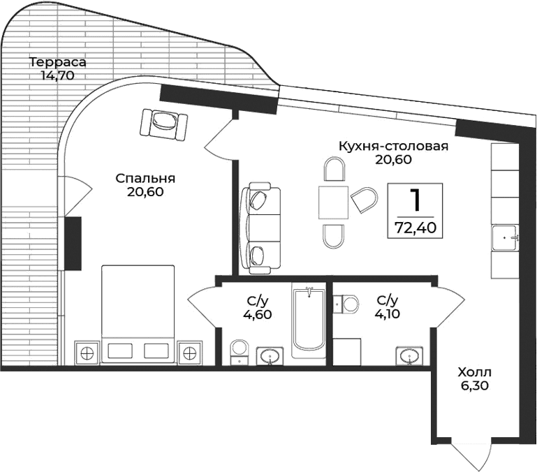 1-комн., 57.7 м²