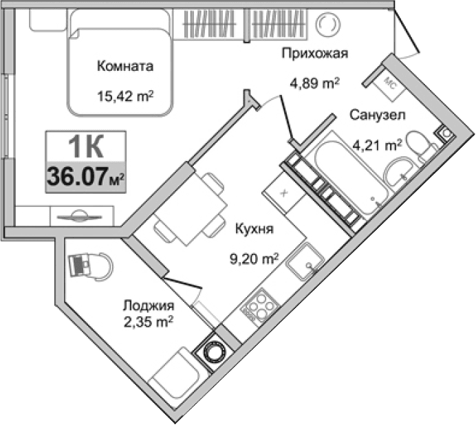 1-комн., 33.72 м²