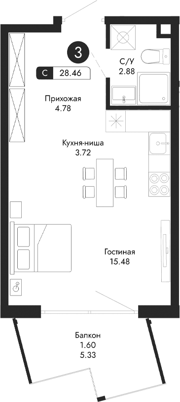 Студия, 26.86 м²