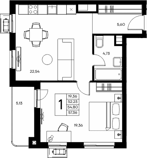1-комн., 52.23 м²
