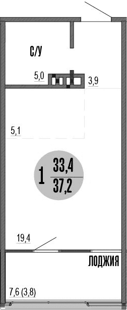 Студия, 33.4 м²