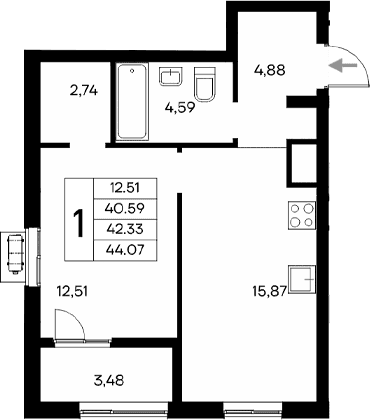 1-комн., 40.59 м²