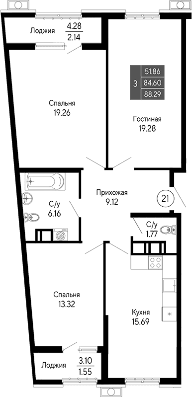 4-комн., 84.6 м²