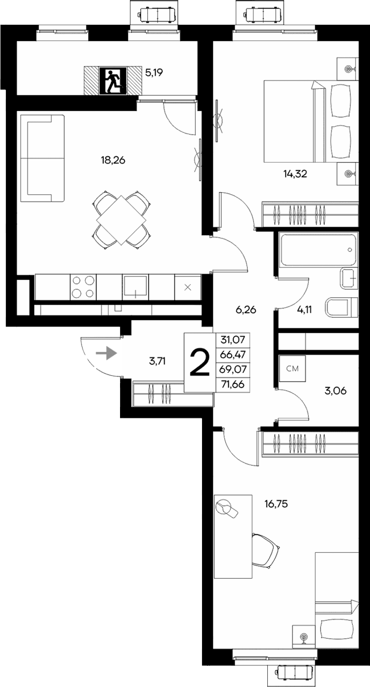 2-комн., 66.47 м²