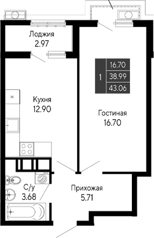 1-комн., 38.99 м²