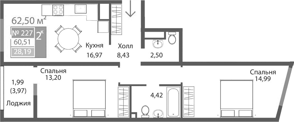 2-комн., 60.51 м²