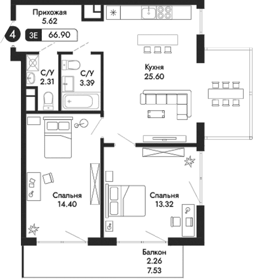 3-комн., 64.64 м²