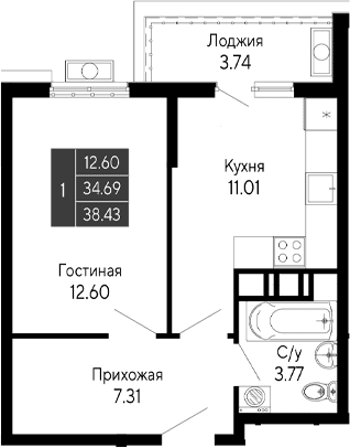 1-комн., 34.69 м²