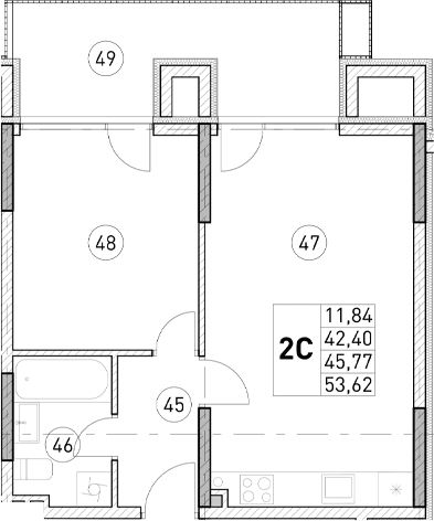 1-комн., 42.4 м²