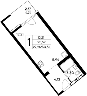 Студия, 27.94 м²